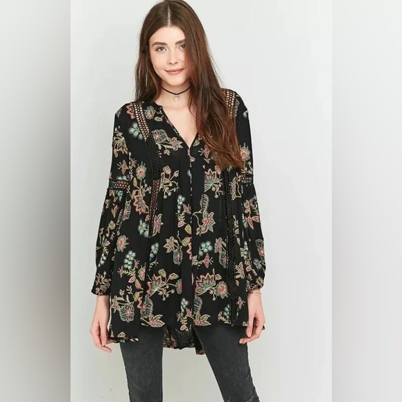 Free People Tops - Free People Just the Two of Us Tunic Top Black + Pink Floral Laser Cut Boho